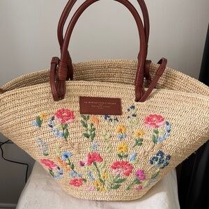 Sezane Floral Embroidered Straw Tote - Brown and Multicolor